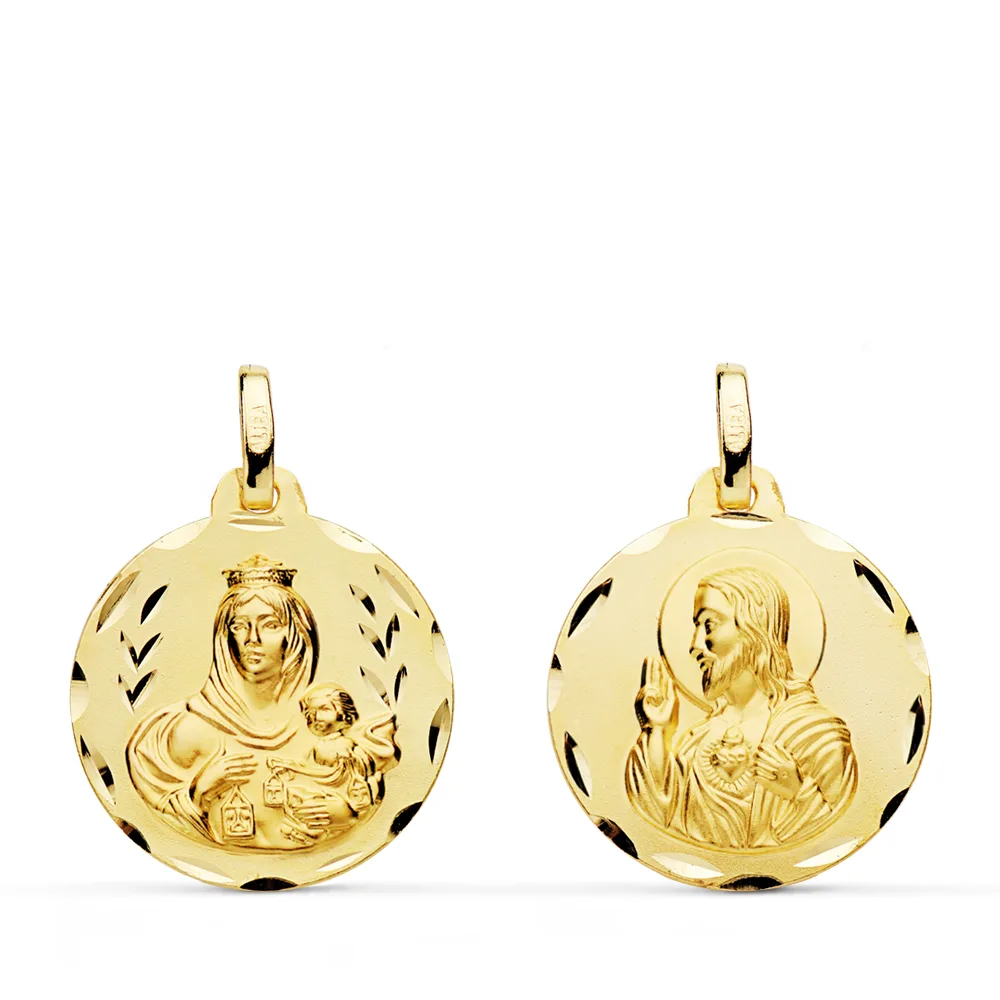 18K ESCAPULARIO ORO AMARILLO TALLADO VIRGEN DEL CARMEN CORAZON DE JESUS 18 MM