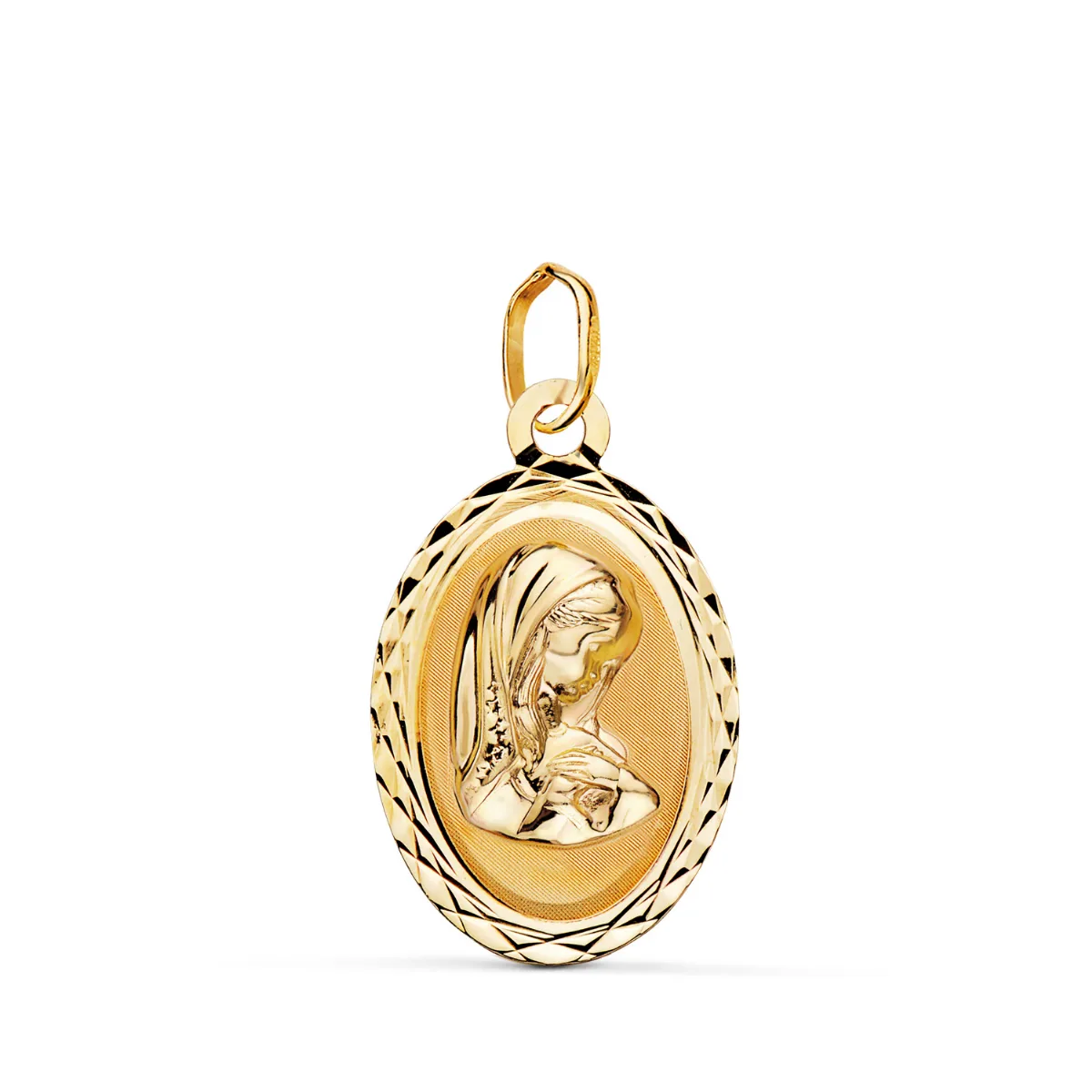 18K MEDALLA ORO AMARILLO VIRGEN NIÑA OVAL TALLADA MATE Y BRILLO. MEDIDA: 20 X 12 MM