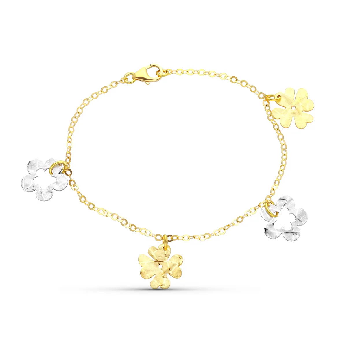 18K PULSERA ORO BICOLOR FLORES 17CM