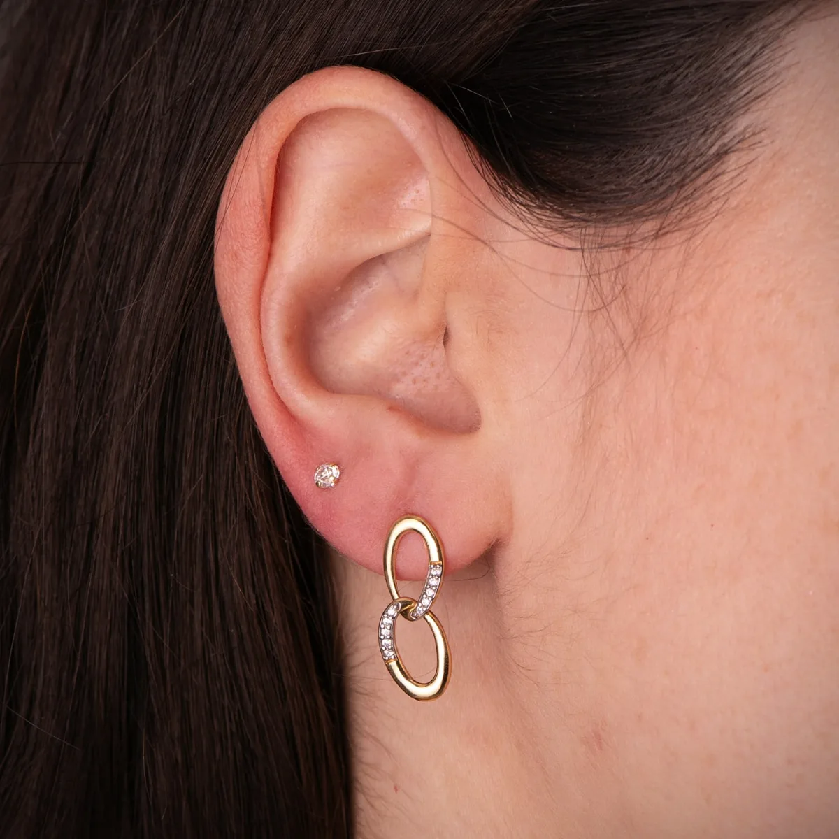 18K PENDIENTES ORO BICOLOR DOS ESLABONES CON CIRCONITAS. MEDIDA: 20 X 7 MM. CIERRE PRESION — vista 2