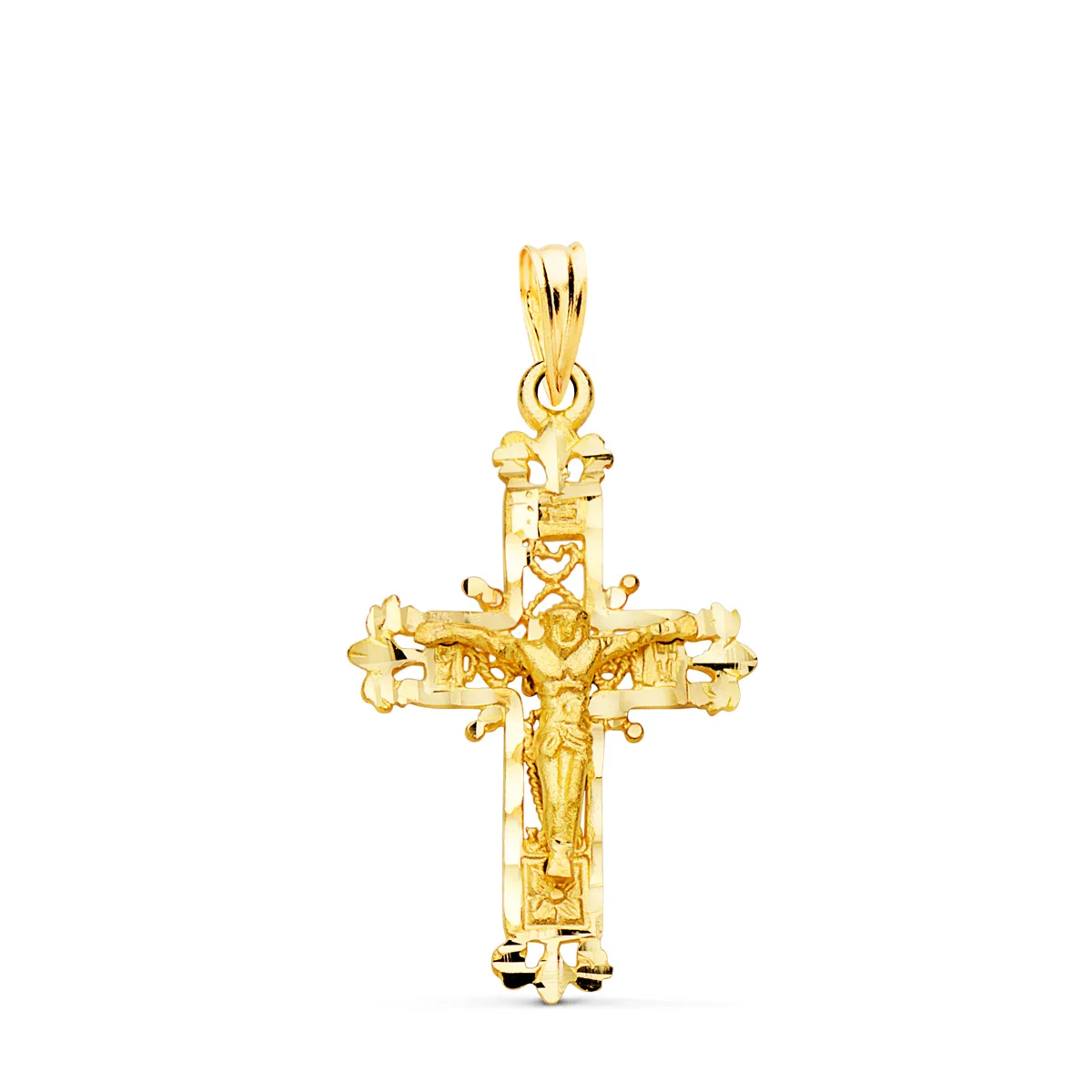 18K CRUZ ORO AMARILLO FILIGRANA CON CRISTO TALLADA 28X18 MM