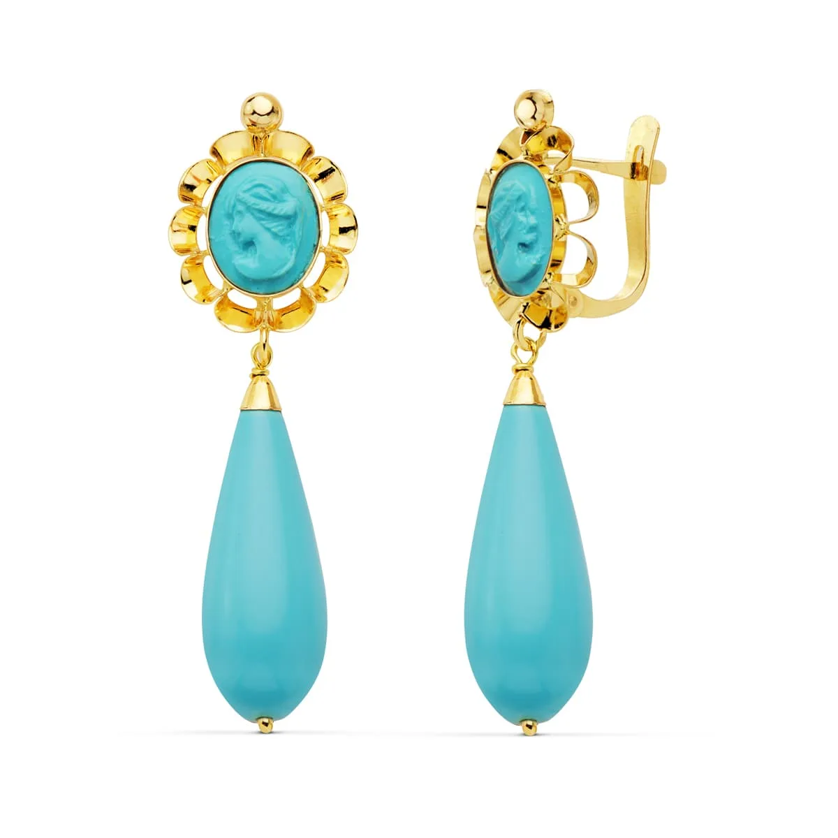 18K PENDIENTES CUBANAS ORO AMARILLO  TURQUESA CAMAFEO 47X14 MM CEIRRE CATALÁN