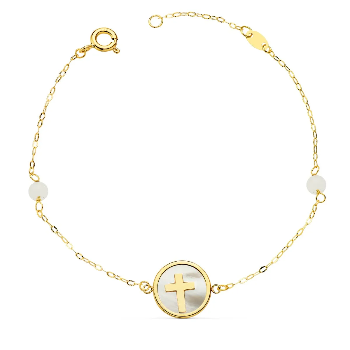 18K PULSERA ORO AMARILLO NACAR CON CRUZ 12 MM Y BOLAS JADE 4 MM CADENA 18   2.5 CM