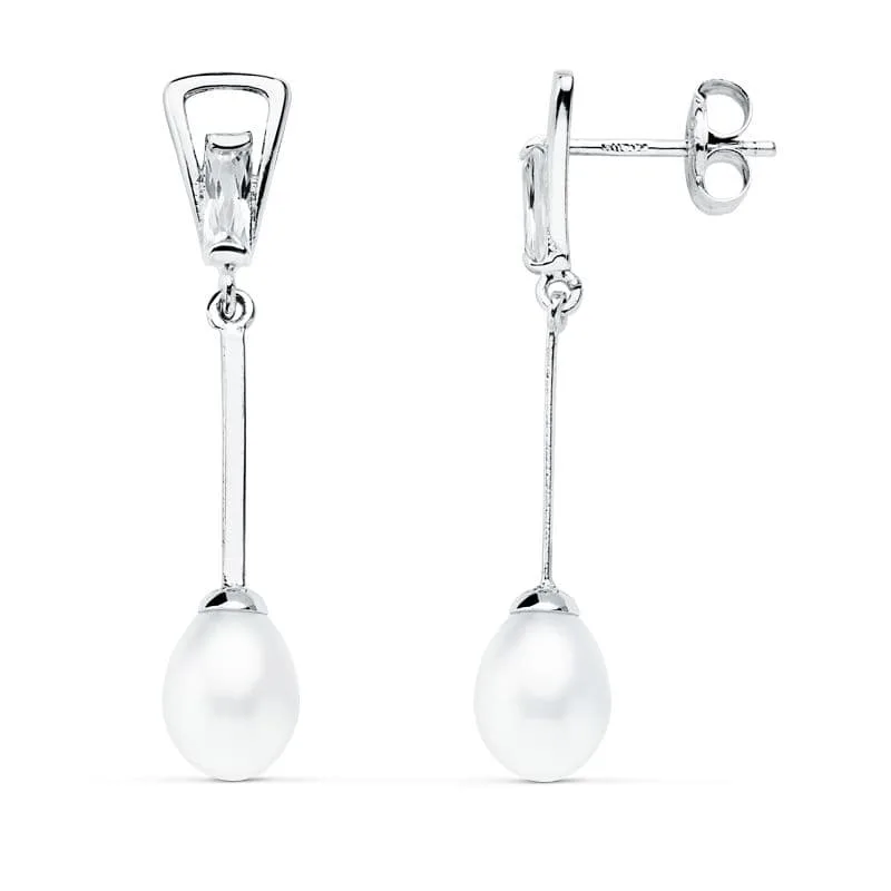 18K PENDIENTES ORO BLANCO PERLA 31X5 MM CIERRE PRESION