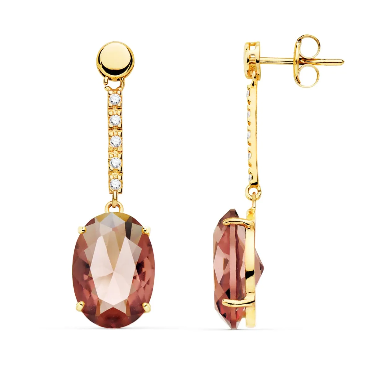 18K PENDIENTES ORO AMARILLO PIEDRA OVAL COLOR ALEJANDRITA 35X10 MM CIERRE PRESION