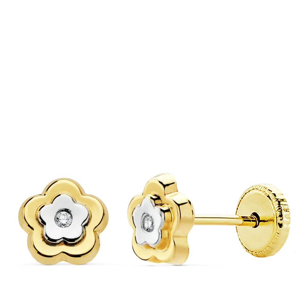 18K PENDIENTES FLOR ORO BICOLOR 6X6 MM CIERRE TUERCA