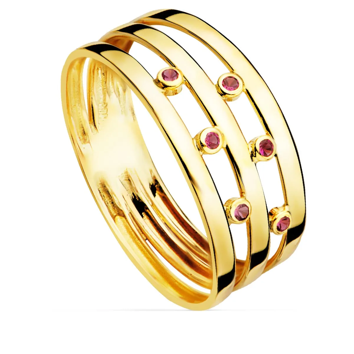 18K SORTIJA ORO AMARILLO BANDAS PIEDRAS ROJAS. ANCHO CUERPO 8 MM