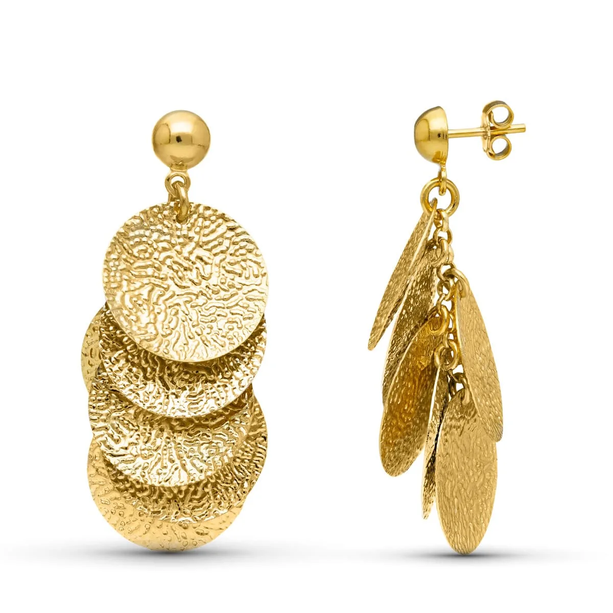 18K PENDIENTES ORO AMARILLO CIRCULOS LABRADOS CIERRE PRESION