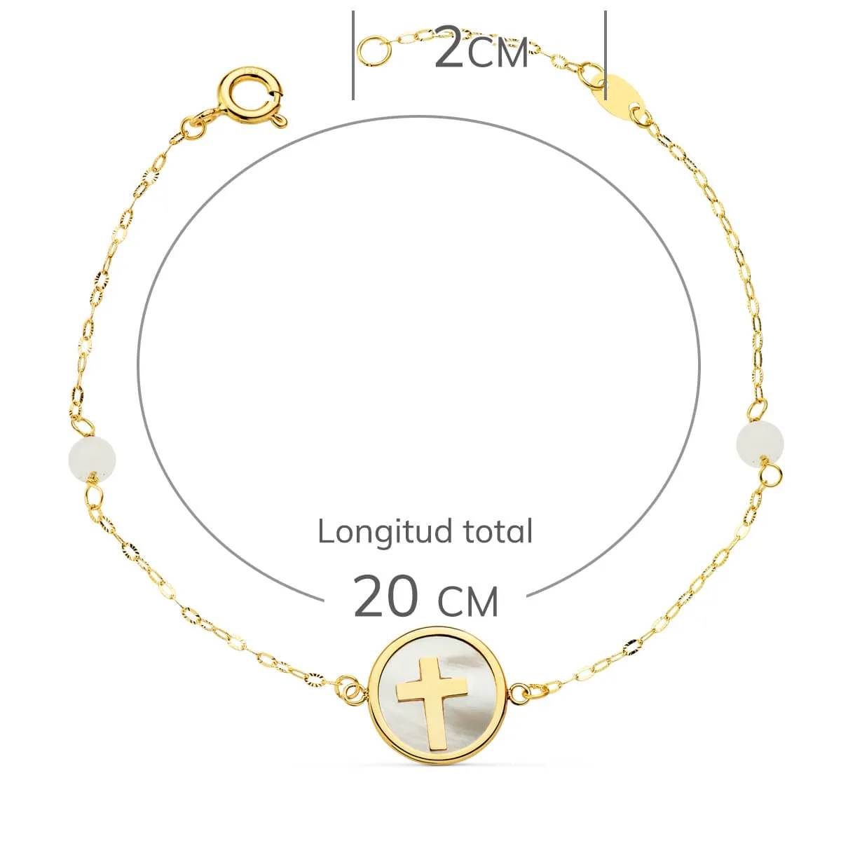 18K PULSERA ORO AMARILLO NACAR CON CRUZ 12 MM Y BOLAS JADE 4 MM CADENA 18   2.5 CM — vista 2
