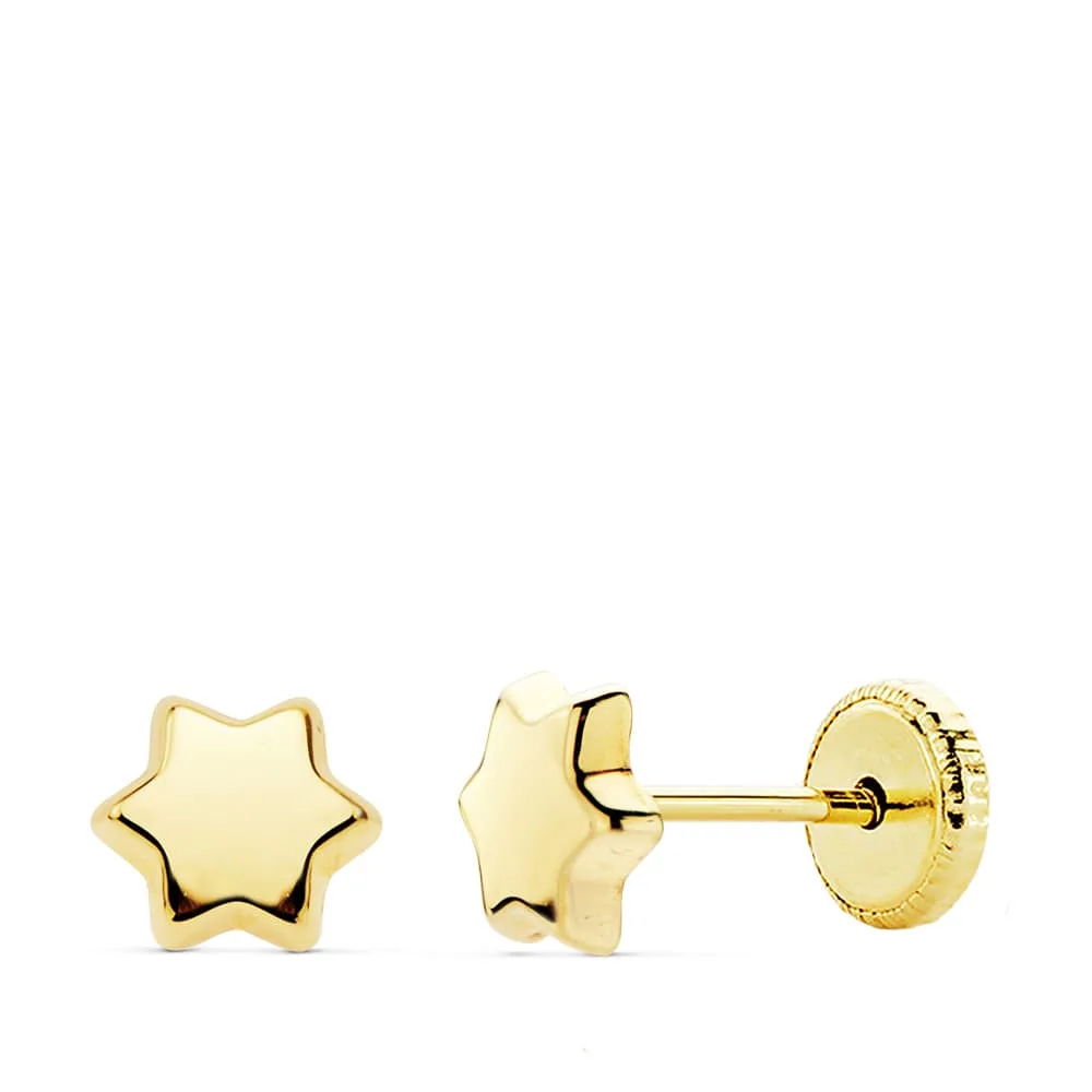 18K PENDIENTES ORO AMARILLO ESTRELLA LISA 6X6 MM CIERRE TUERCA