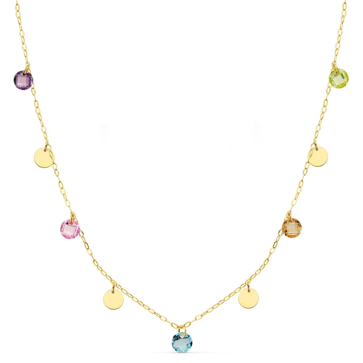 18K GARGANTILLA ORO AMARILLO PLACA CHAPAS 5 MM Y PIEDRAS 5 MM CADENA FORZADA 45CM