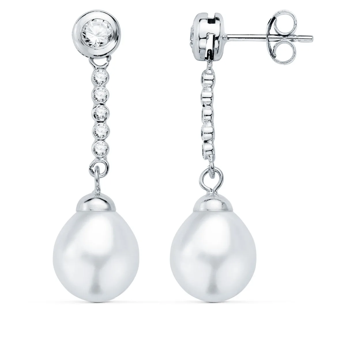 18K PENDIENTES ORO BLANCO PERLA Y CHATON CON CIRCONITA 30X8MM PRESION