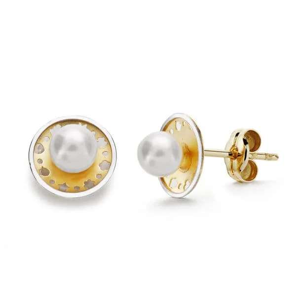 18K PENDIENTES ORO BICOLOR REDONDOS Y PERLA 8 MM PRESION