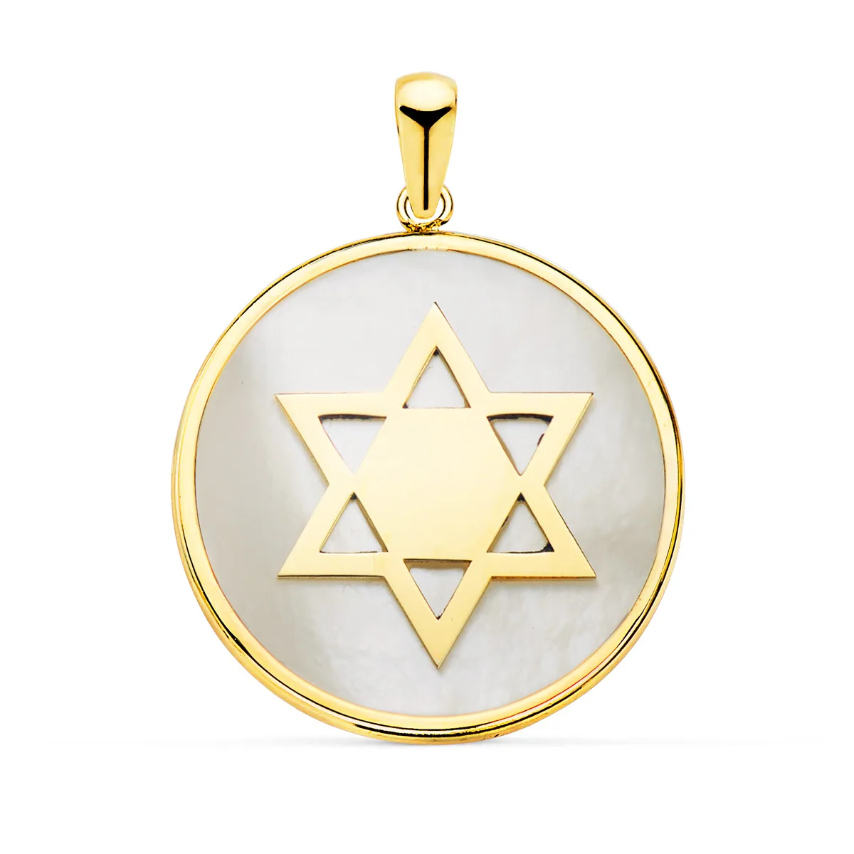 18K COLGANTE ORO AMARILLO Y NACAR SIMBOLO ESTRELLA DE DAVID 20 MM