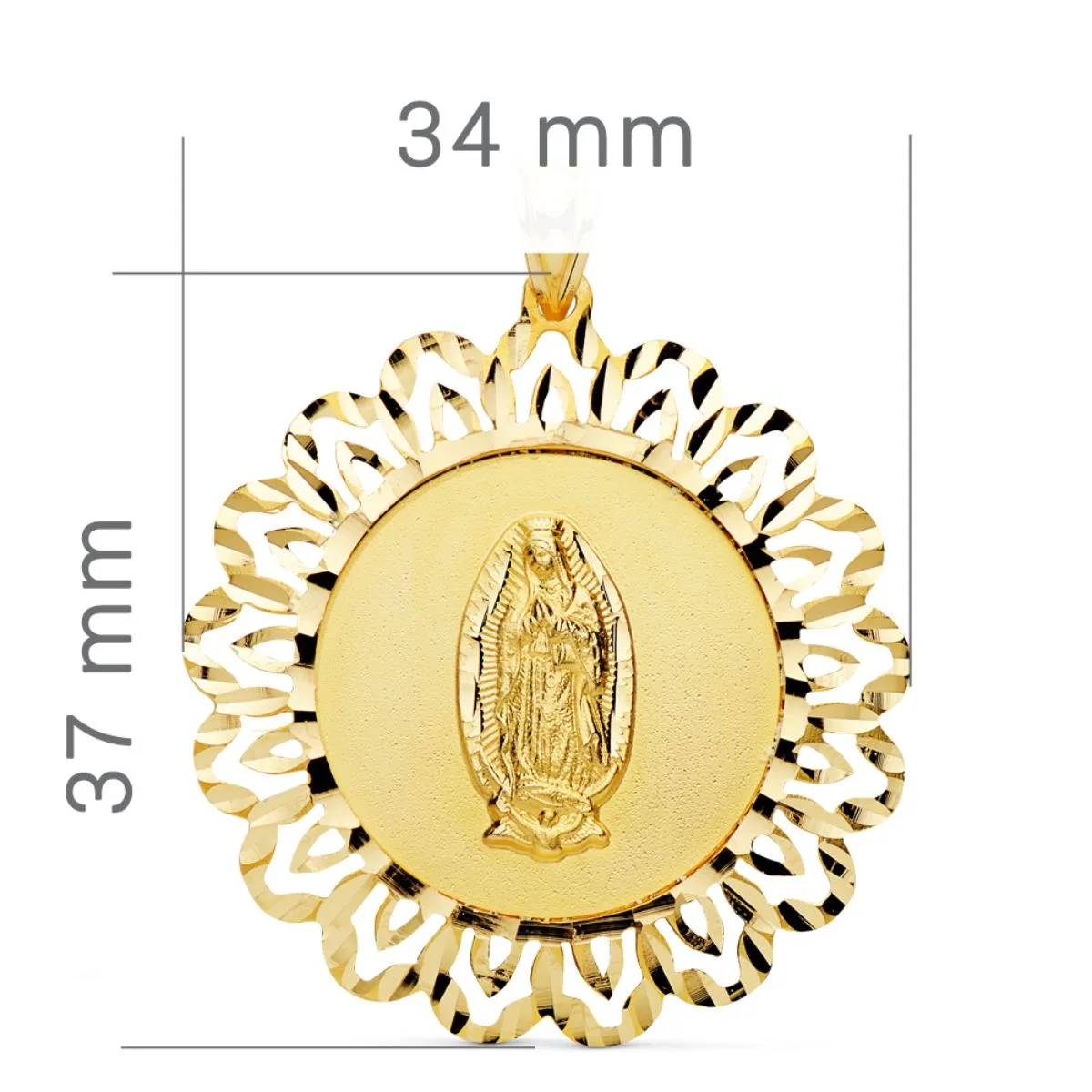 18K MEDALLA ORO AMARILLO VIRGEN GUADALUPE CERCO TALLADO 37X34 MM — vista 2