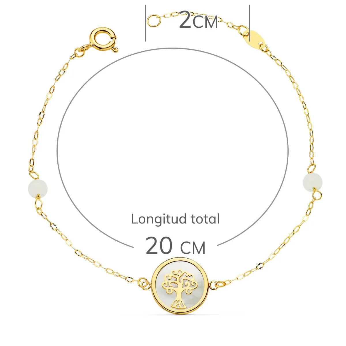 18K PULSERA ORO AMARILLO NACAR CON AMULETO ARBOL DE LA VIDA 12 MM Y BOLAS JADE 4 MM CADENA 18   2.5 CM — vista 2