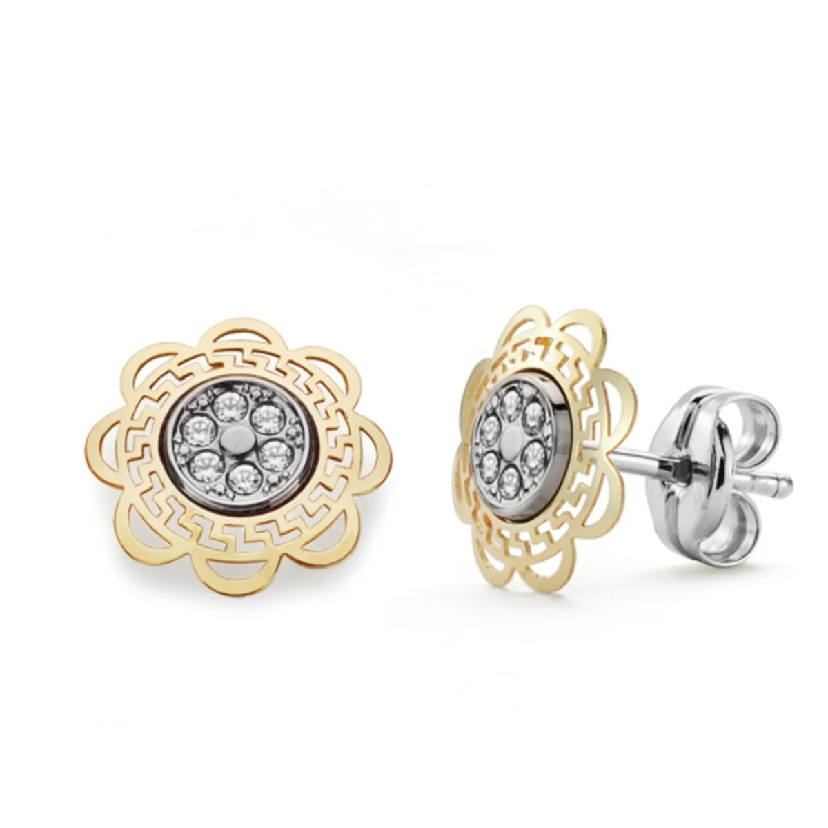 9K PENDIENTES ORO BICOLOR FLOR CALADA CON CIRCONITA 9X9 MM CIERRE PRESION