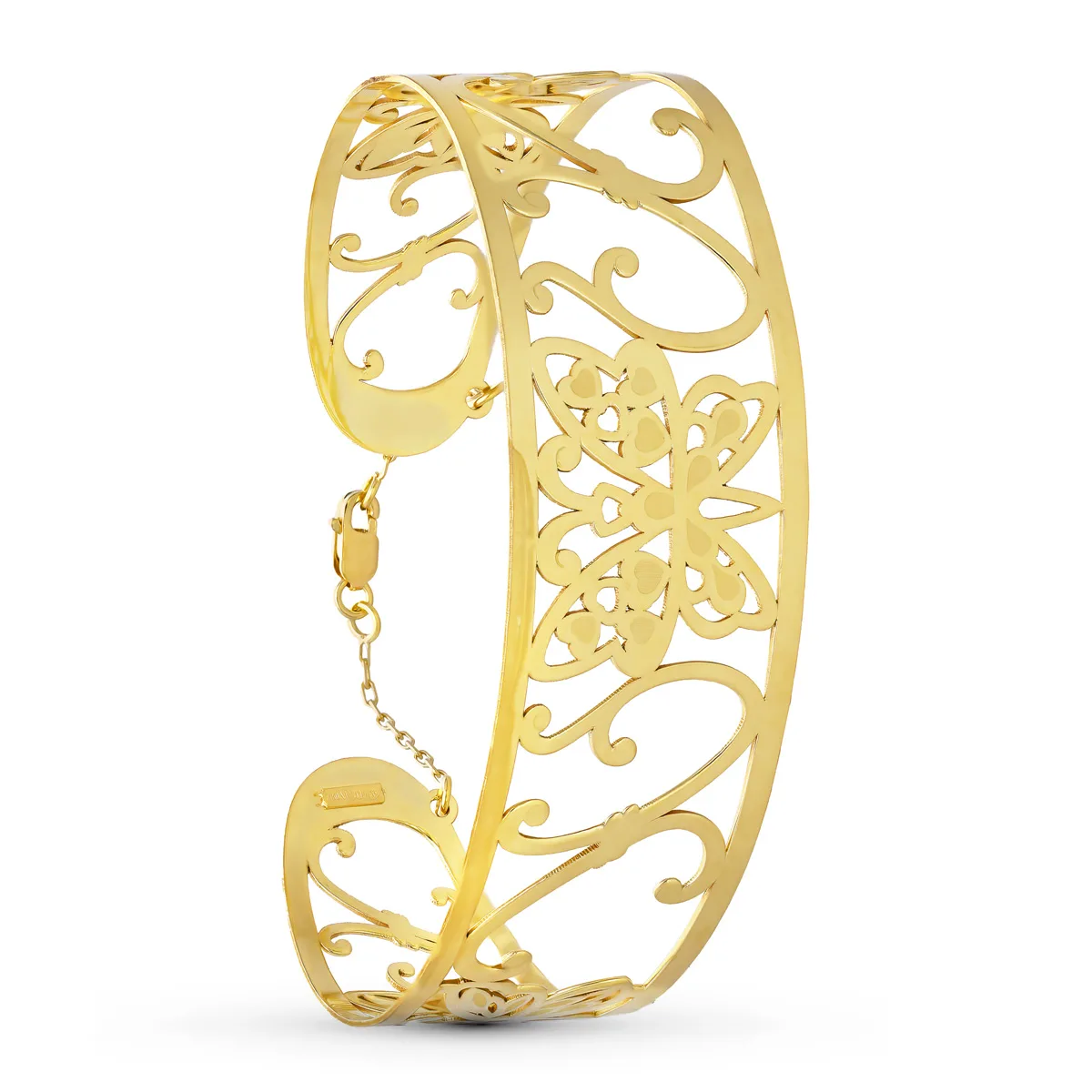 18K PULSERA ORO AMARILLO MARIPOSA MATE Y BRILLO MEDIDA INTERIOR 67X50 MM ANCHO TOTAL 23 MM CIERRE MOSQUETON CON CADENA