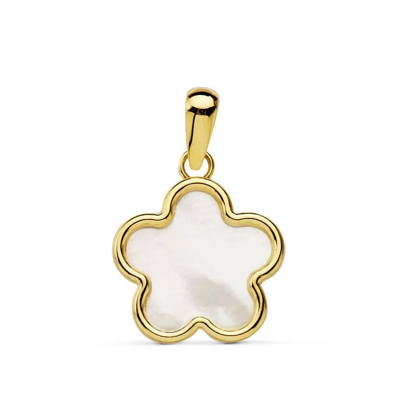 18K COLGANTE AMULETO ORO AMARILLO FLOR NACAR 12X12 MM