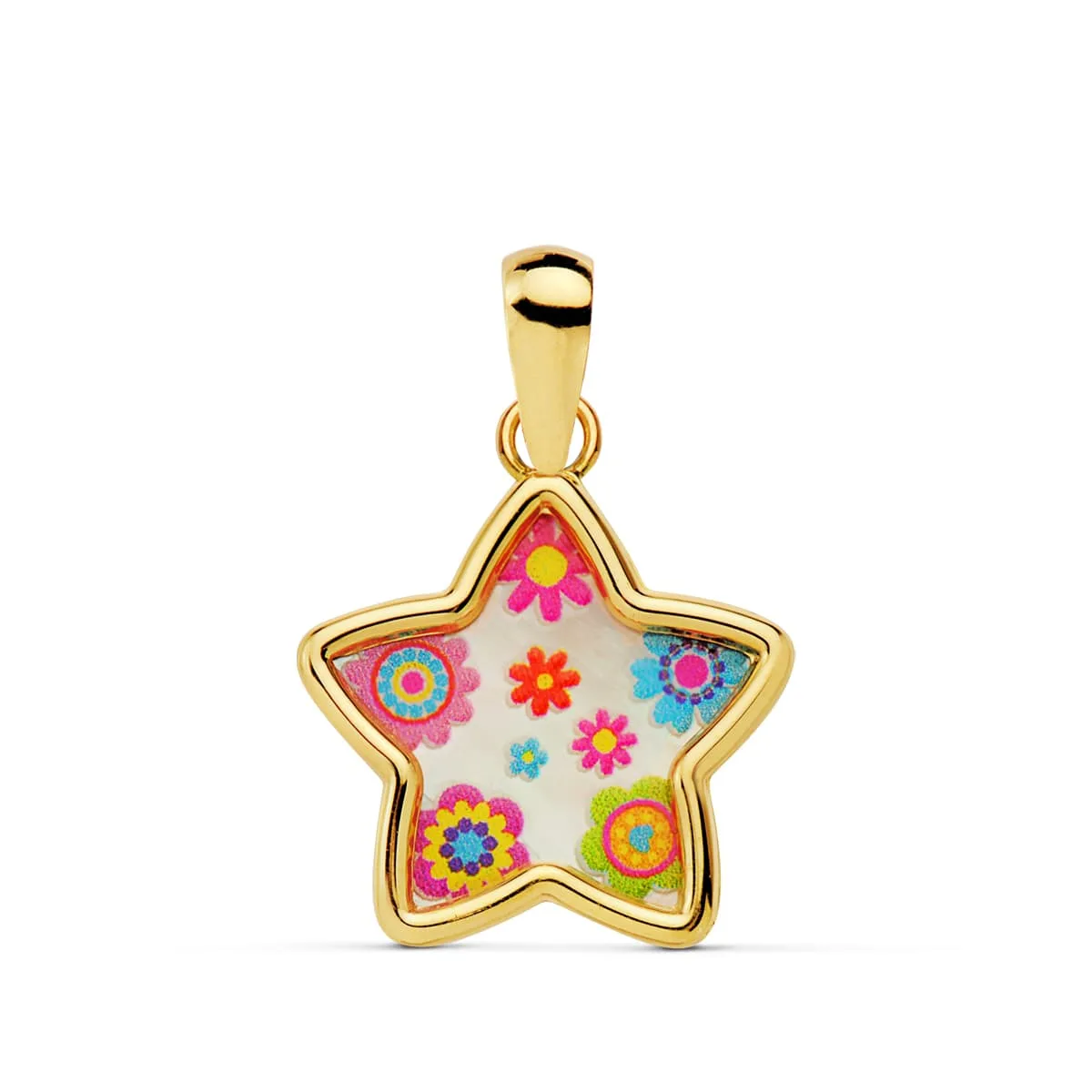 18K COLGANTE ORO AMARILLO AMULETO ESTRELLA NACAR COLORES. 13X13 MM