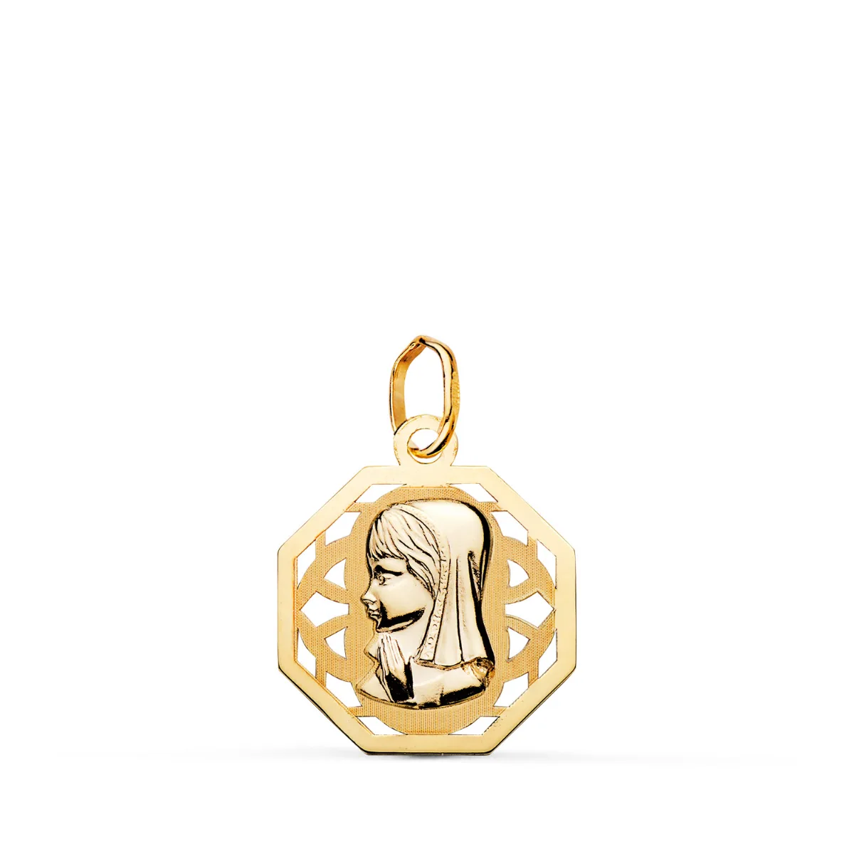 9K MEDALLA ORO AMARILLO VIRGEN NIÑA OCTOGONAL CALADA MATE Y BRILLO. MEDIDA: 17 X 15 MM