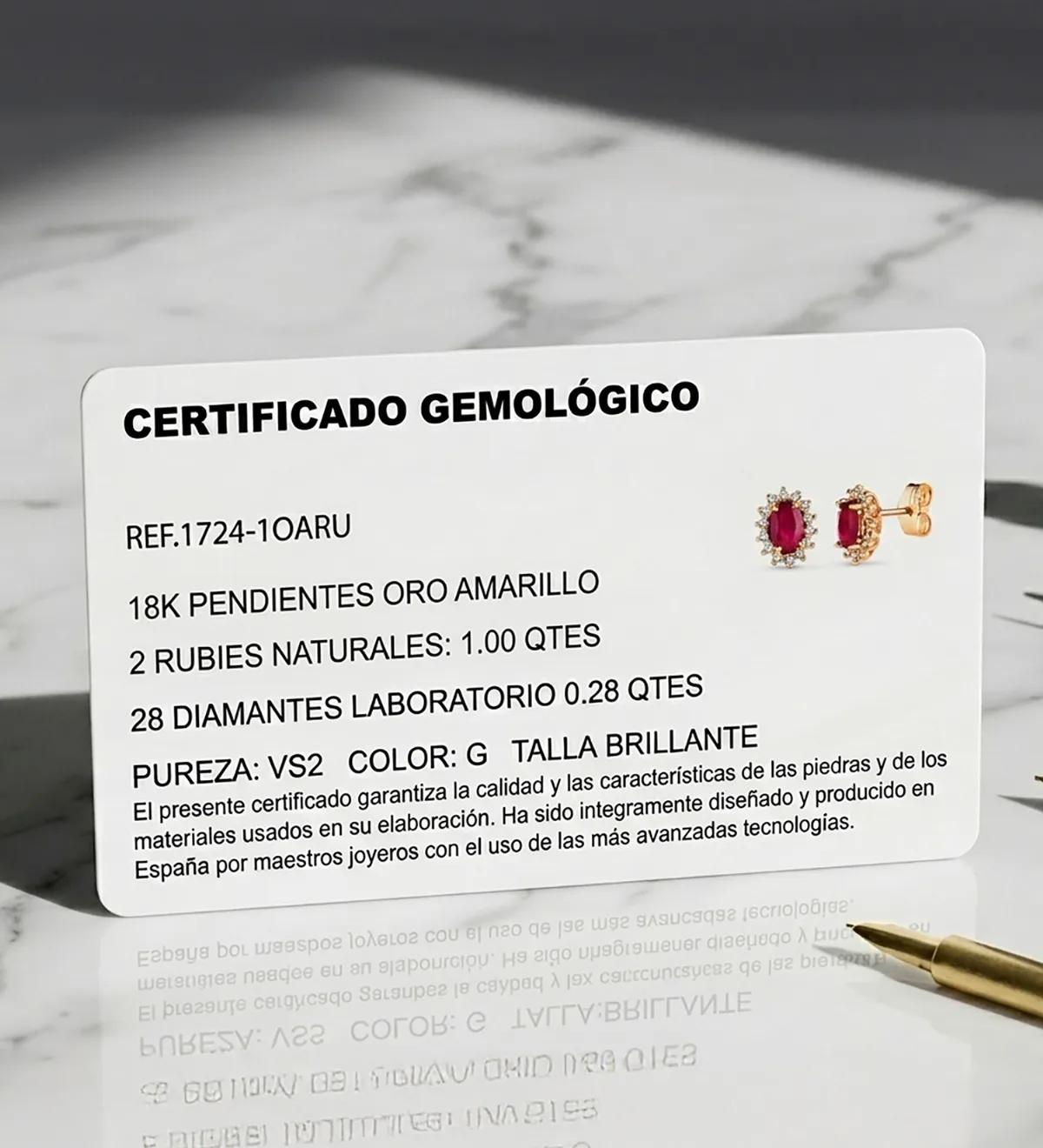 18K PENDIENTES ORO AMARILLO RUBI NATURAL 6X4 MM 1,00QT Y DIAMANTES LABORATORIO 0,280QT VS-2 G. 10X8 MM CIERRE PRESION — vista 3