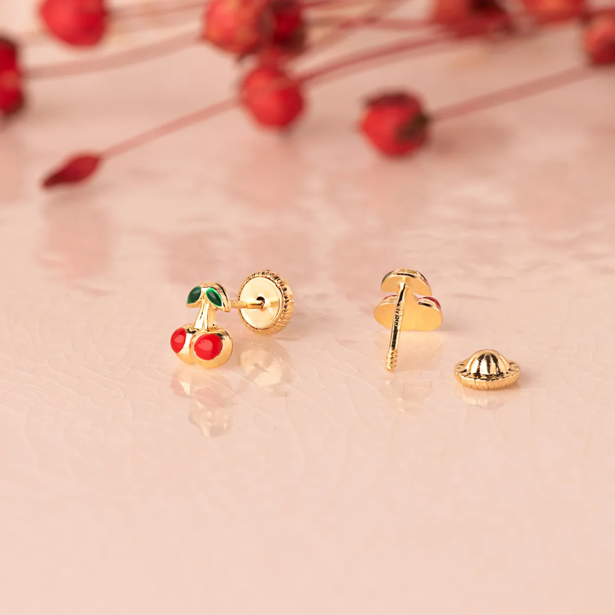 18K PENDIENTES ORO AMARILLO CEREZAS ESMALTE 6X5 MM. CIERRE TUERCA — vista 2