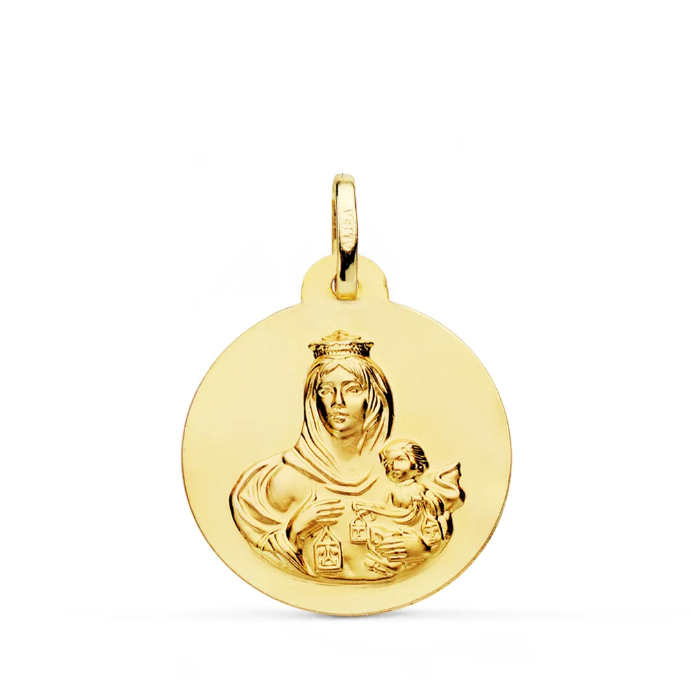 18K ESCAPULARIO ORO AMARILLO LISO VIRGEN DEL CARMEN CORAZON JESUS 22 MM — vista 3