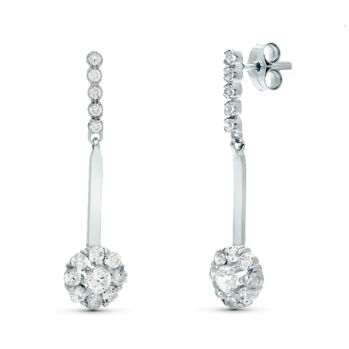 18K PENDIENTES ORO BLANCO DOS CUERPOS JUEGO DE NOVIAS CIRCONITA 33X6 MM CIERRE PRESION
