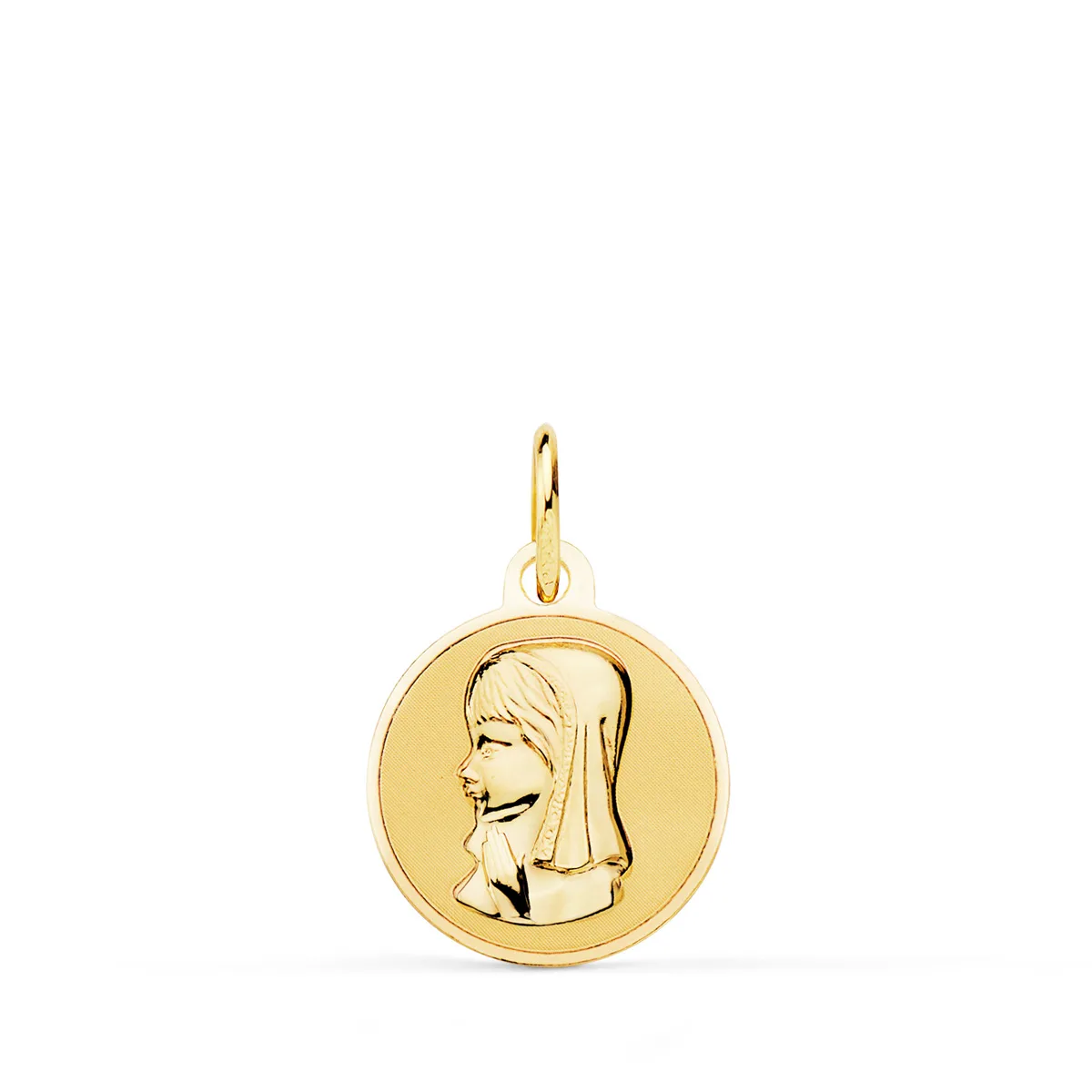 18K MEDALLA ORO AMARILLO VIRGEN NIÑA EN BRILLO 14 MM