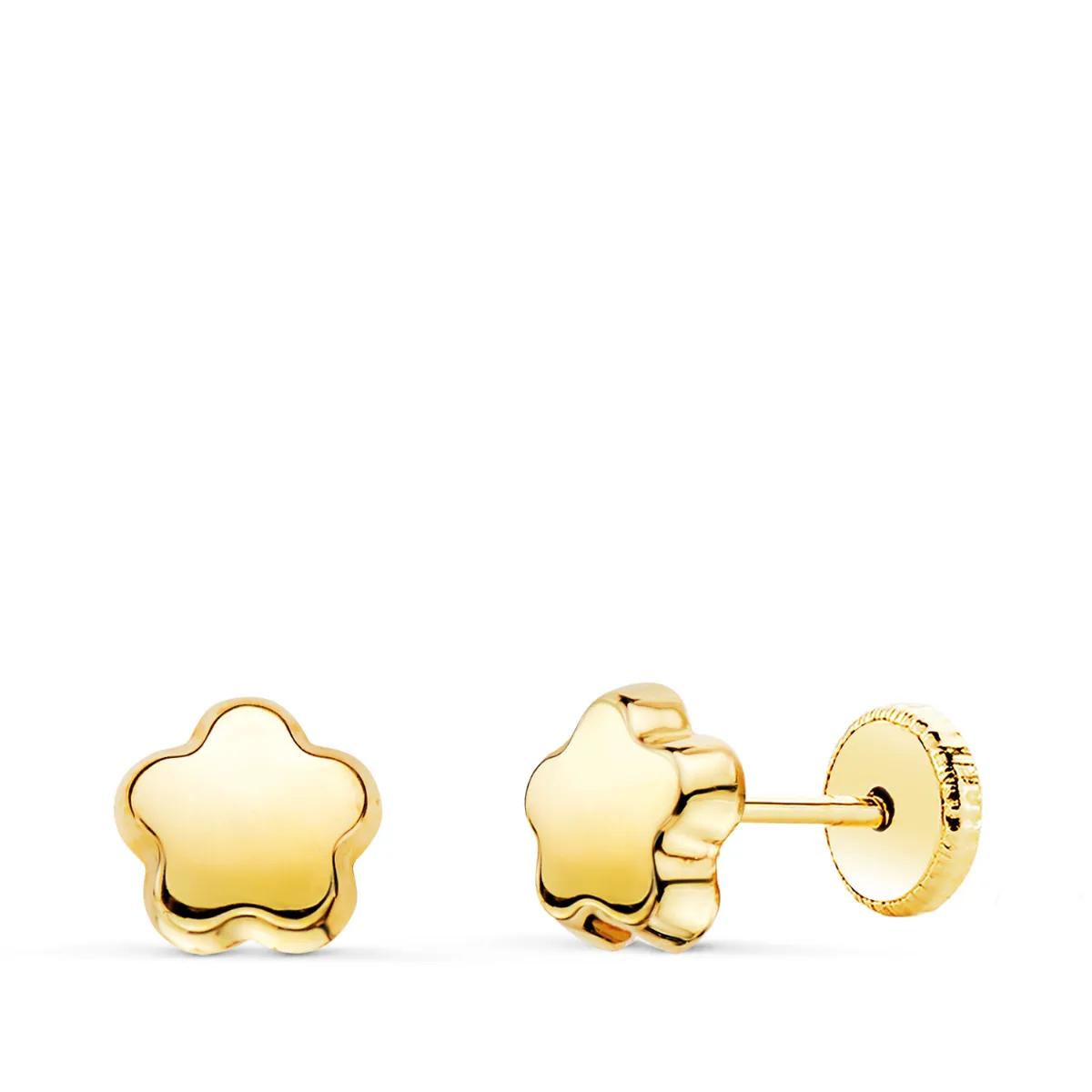 18K PENDIENTES ORO AMARILLO FLOR LISA BRILLO. 6 X 6 MM. CIERRE TUERCA