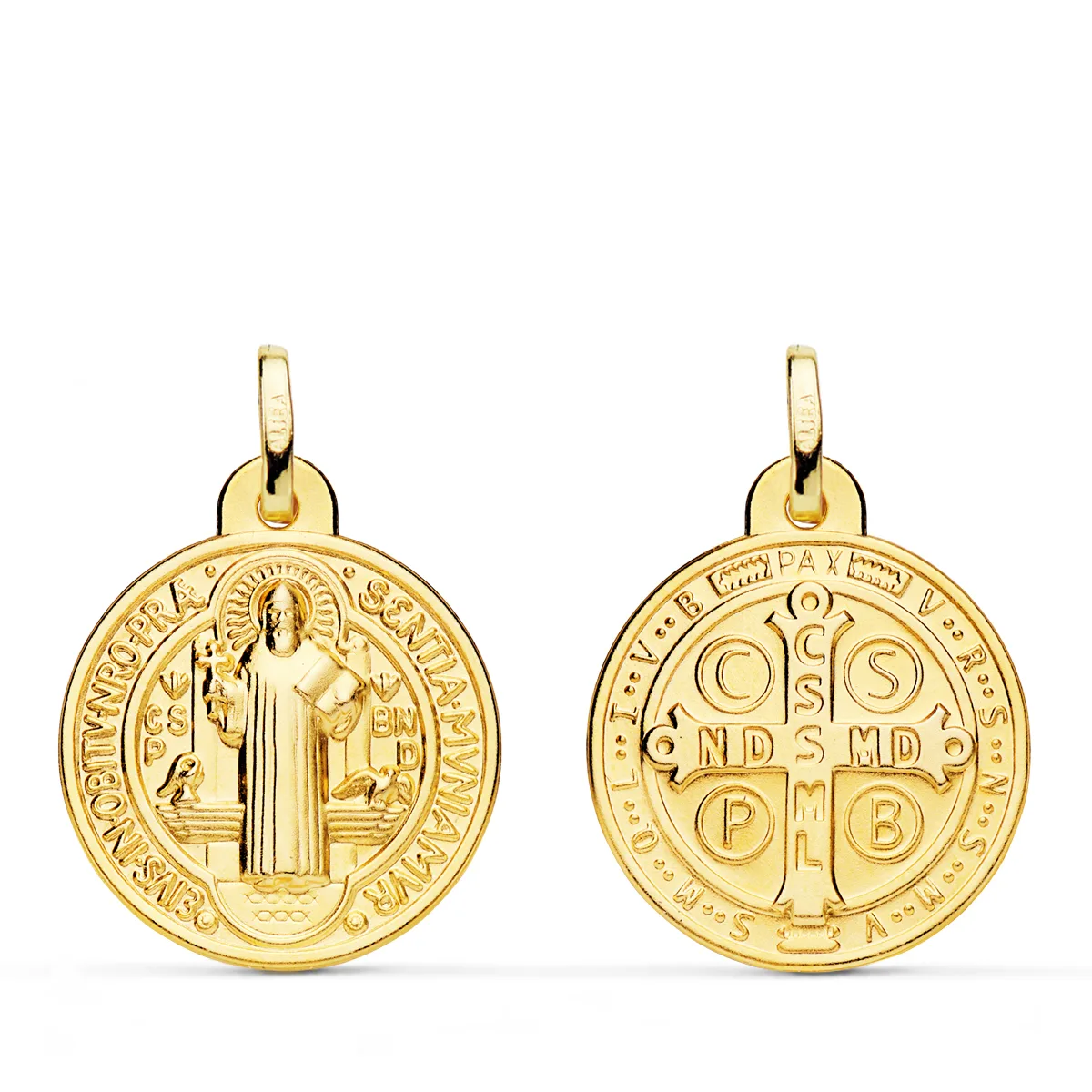 18K MEDALLA ESCAPULARIO ORO AMARILLO SAN BENITO MONJE 20 MM MATIZADA