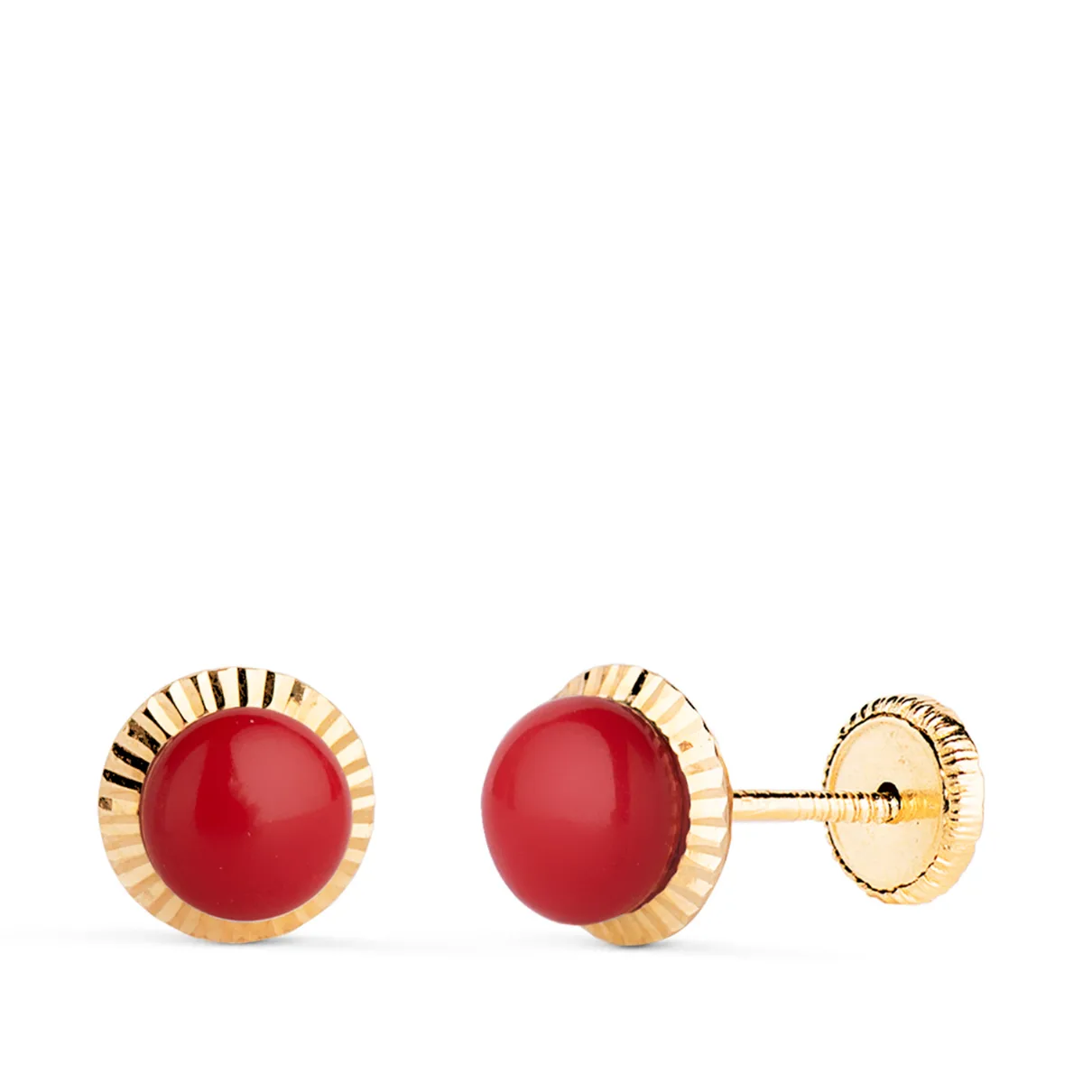 18K PENDIENTES ORO AMARILLO CORAL ORLA TALLADA 7 MM CIERRE TUERCA