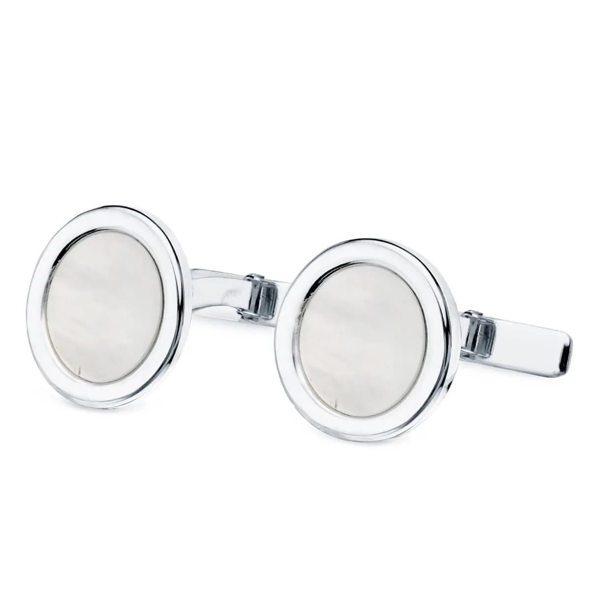 18K GEMELOS ORO BLANCO REDONDOS CON NACAR 15 MM CIERRE RIGIDO OSCILANTE