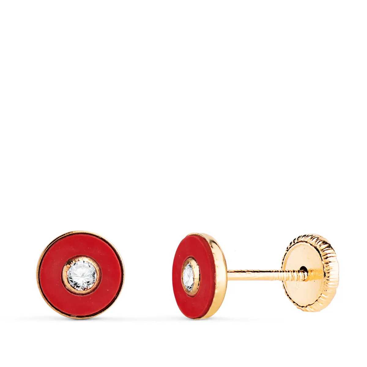 18K PENDIENTES ORO AMARILLO REDONDOS CORAL SINTETICO CON CIRCONITA. MEDIDA: 5,5MM. CIERRE TUERCA