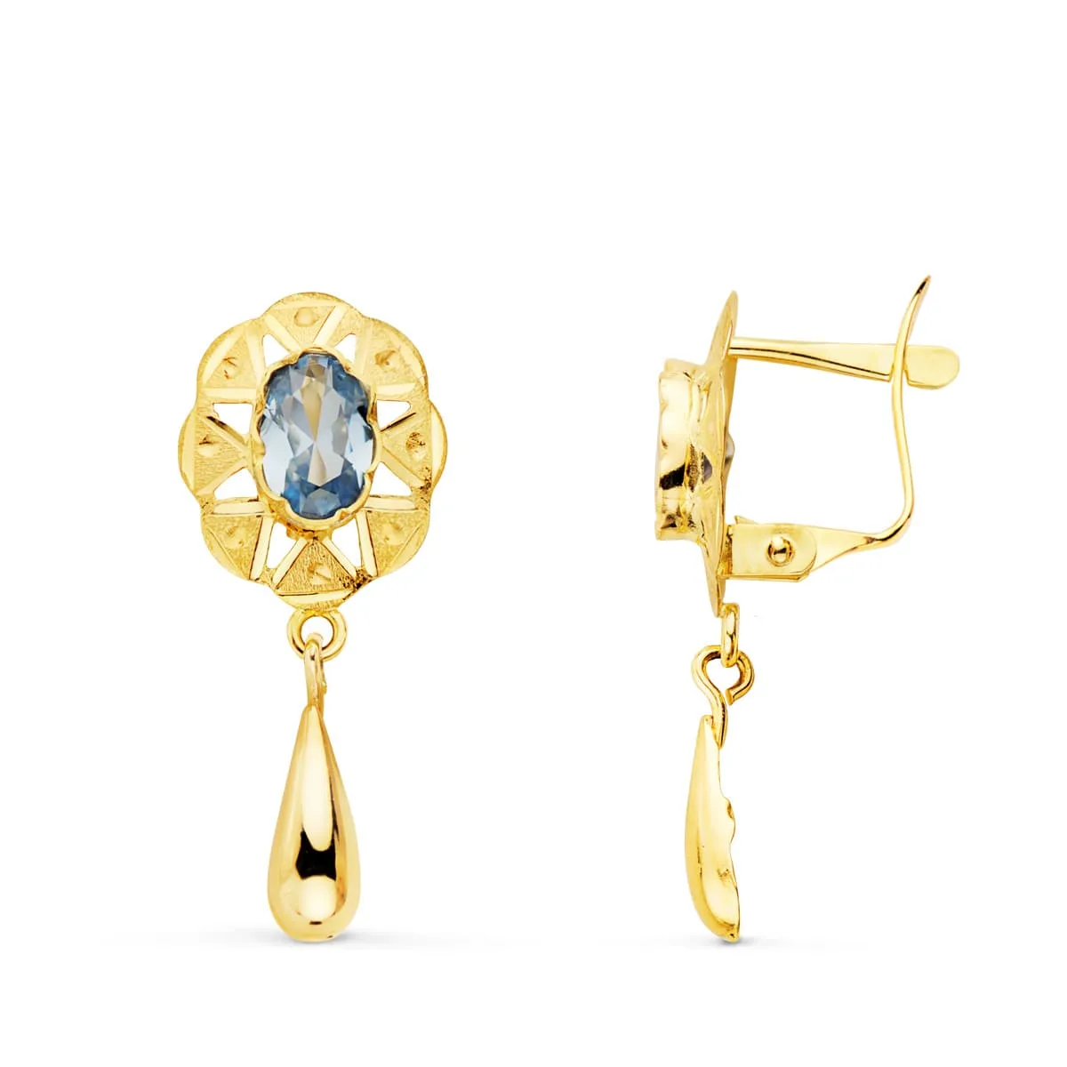 18K PENDIENTES ORO AMARILLO CUBANAS CON AGUAMARINA 23X9 MM CIERRE CATALAN