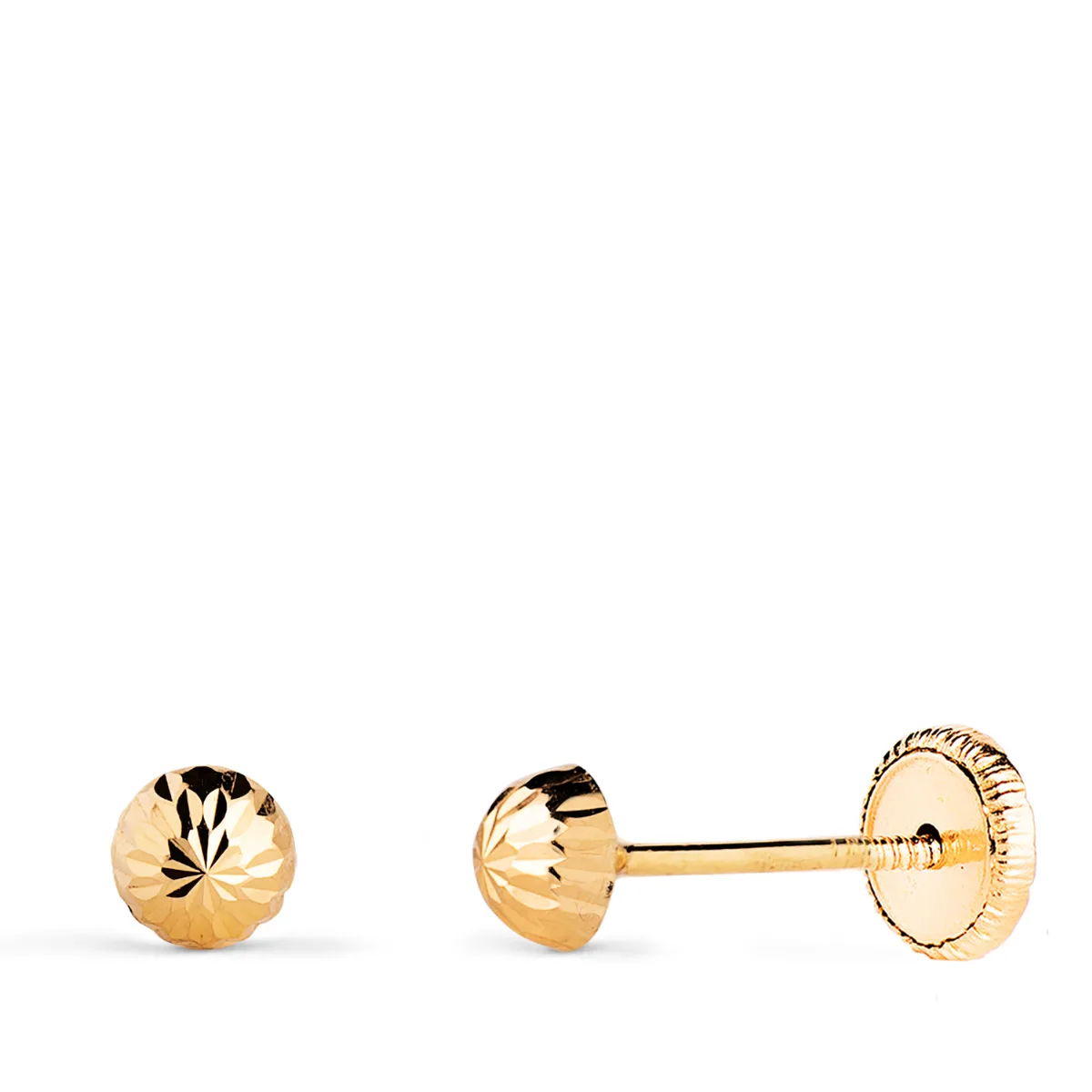 18K PENDIENTES ORO AMARILLO MEDIA BOLA TALLADA HUECA. ANCHO: 4 MM. CIERRE TUERCA