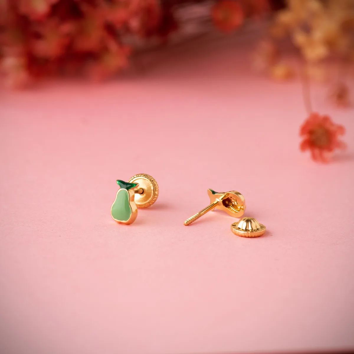 18K PENDIENTES ORO AMARILLO PERA ESMALTE VERDE 6 X 4 MM. CIERRE TUERCA — vista 2