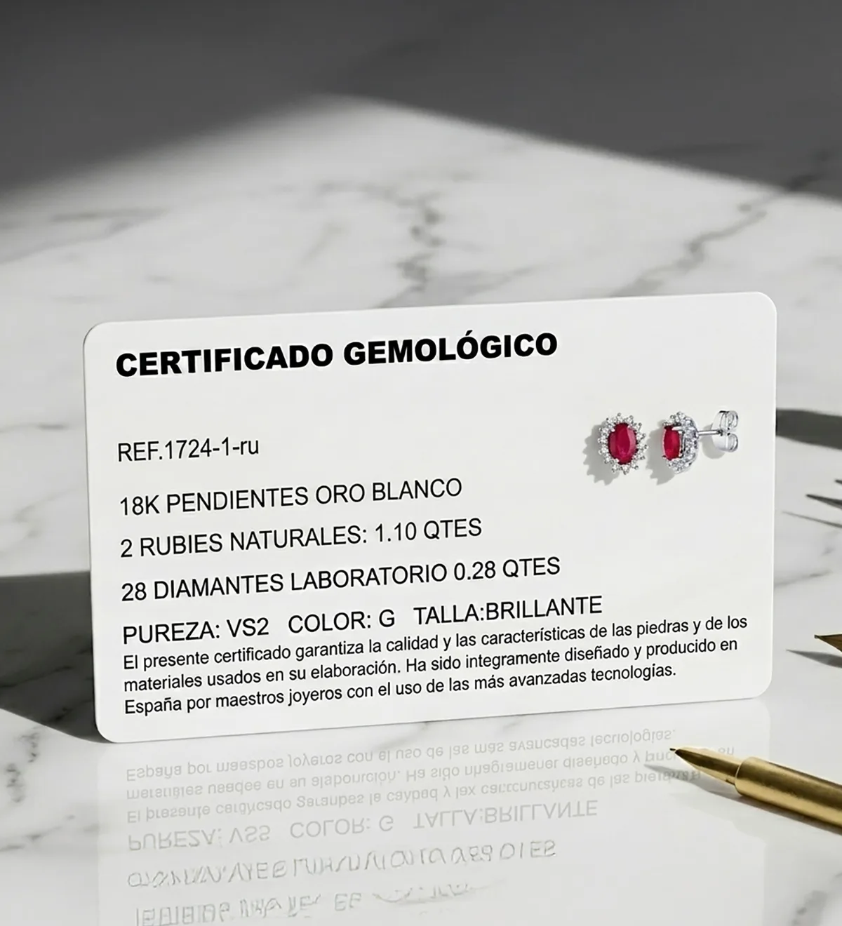 18K PENDIENTES ORO BLANCO 28 DIAMANTES LABORATORIO Y RUBI 6X4 MM 1,10 QT  0,28 QTS. VS2-G CIERRE PRESION 9,5X8 MM — vista 3