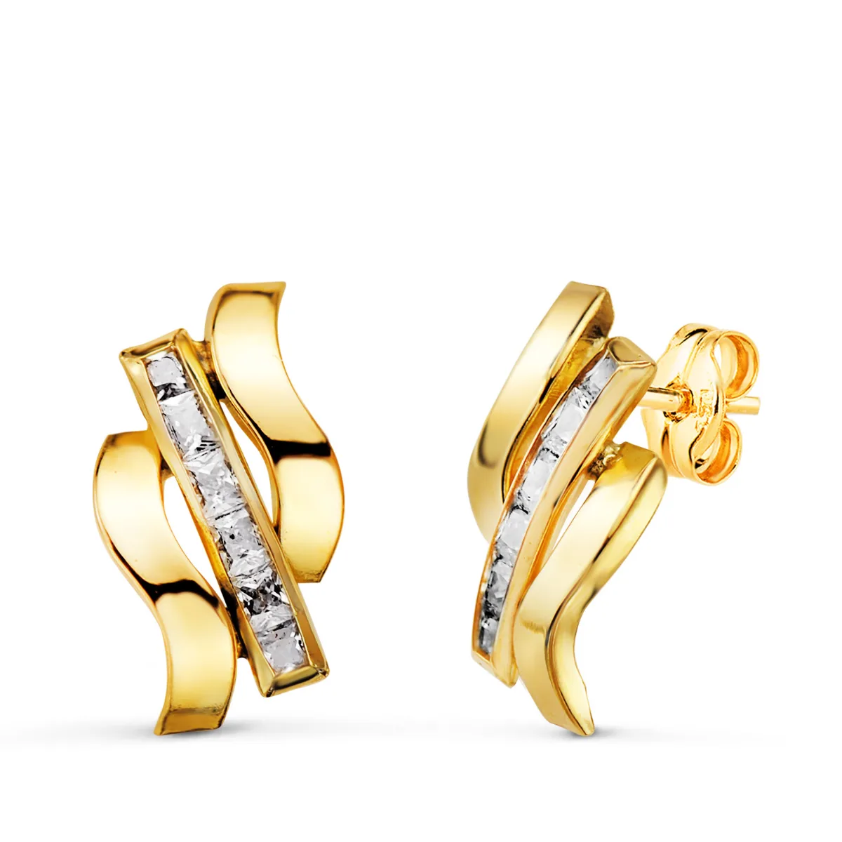18K PENDIENTES ORO AMARILLO BANDAS CON CARRÉ DE CIRCONITAS. MEDIDA: 14 X 8 MM. CIERRE PRESION
