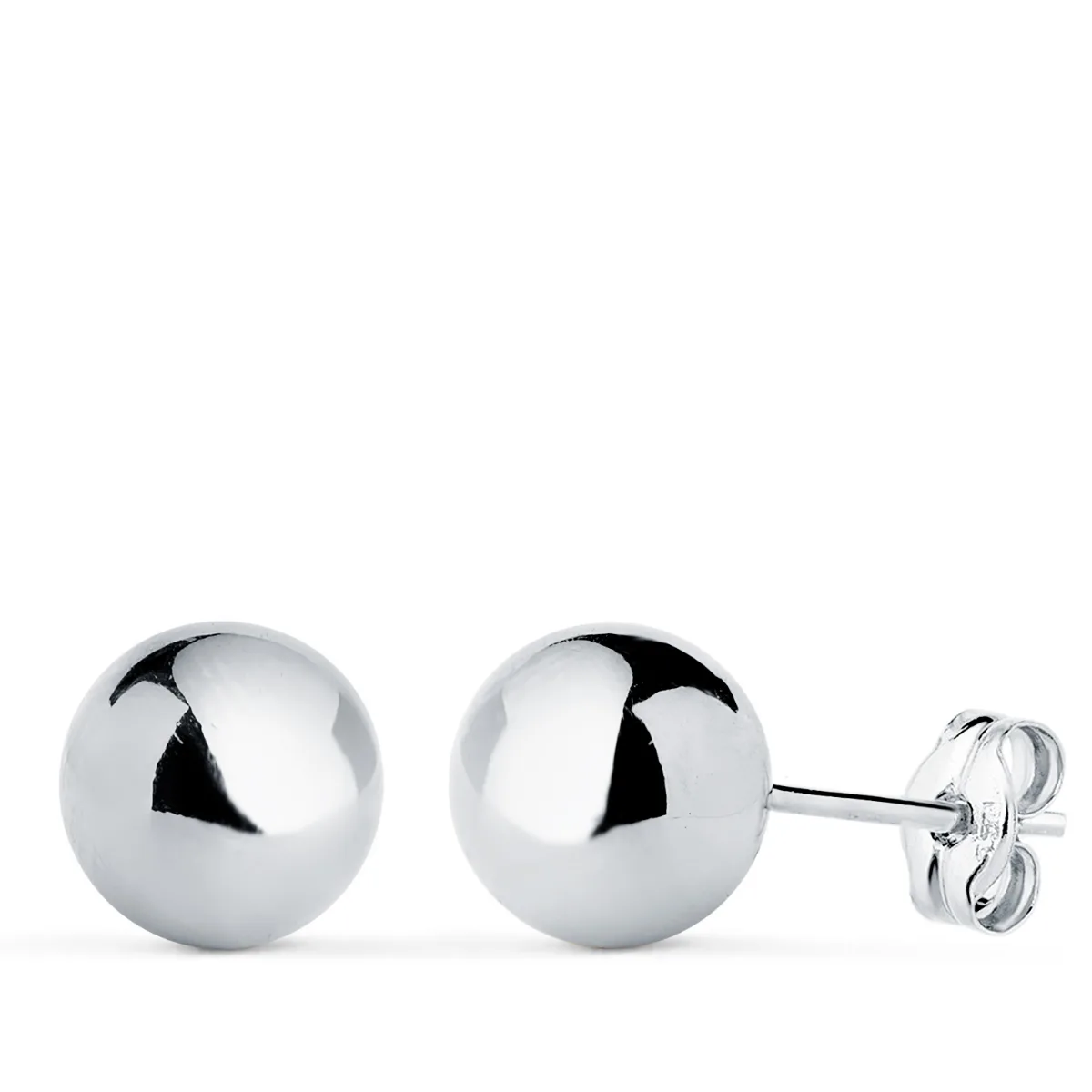 18K PENDIENTES ORO BLANCO BOLA LISA BRILLA HUECA. ANCHO: 8 MM. CIERRE PRESION