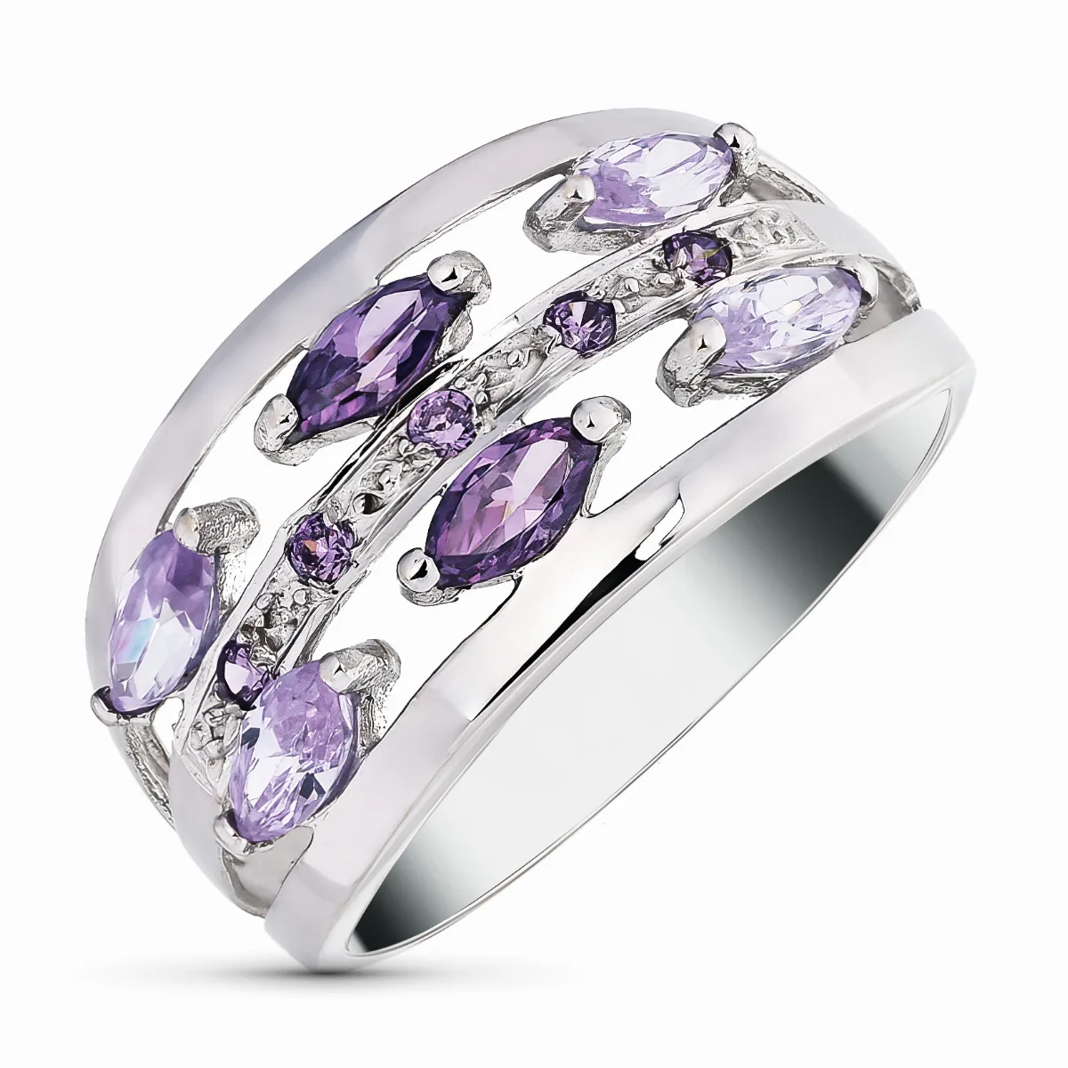 18K SORTIJA ORO BLANCO CALADA CON CIRCONITAS MORADAS Y MALVA. ANCHO: 11 MM