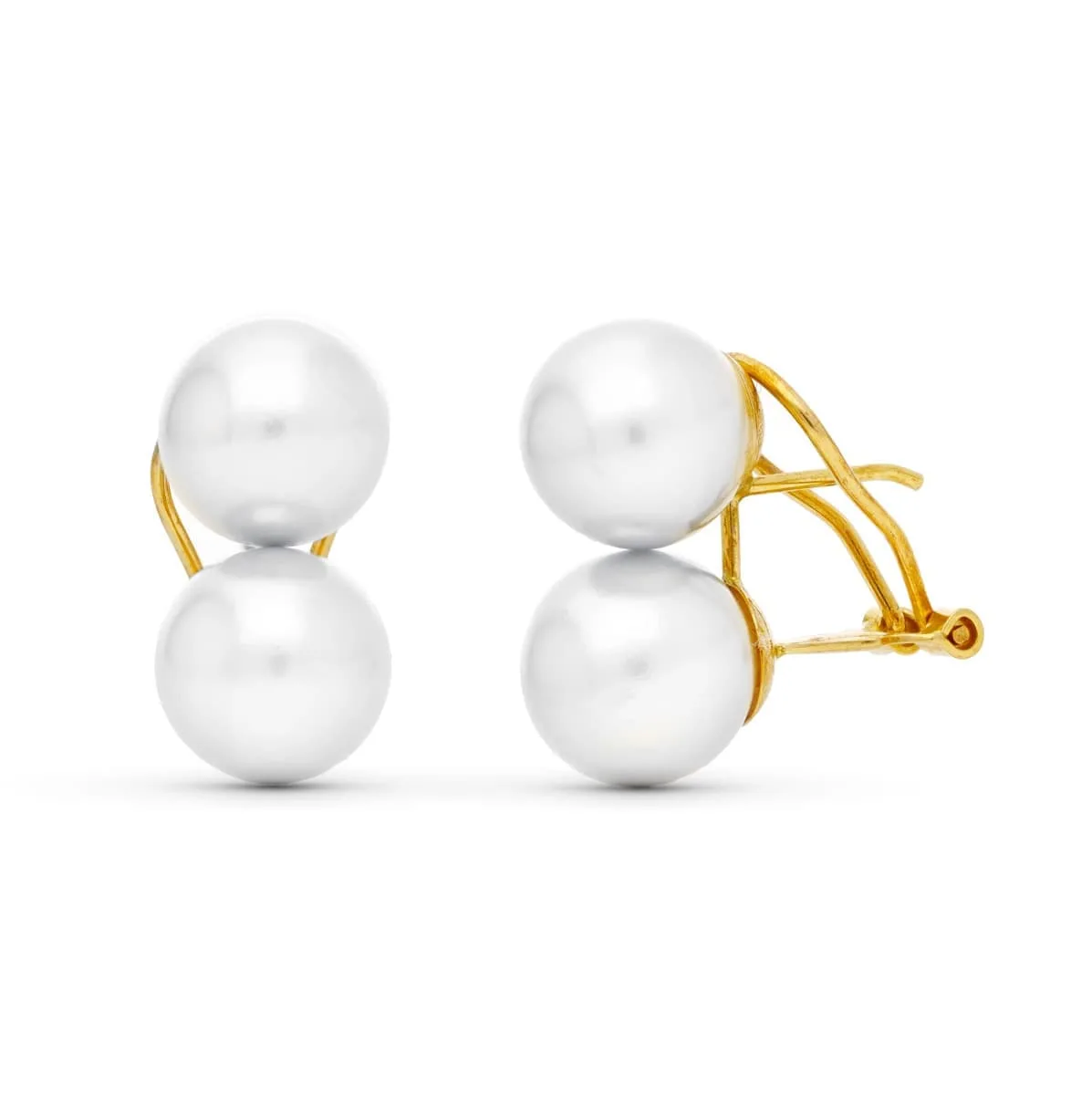 18K PENDIENTES ORO AMARILLO PERLA SINTETICA 9 MM CIERRE OMEGA