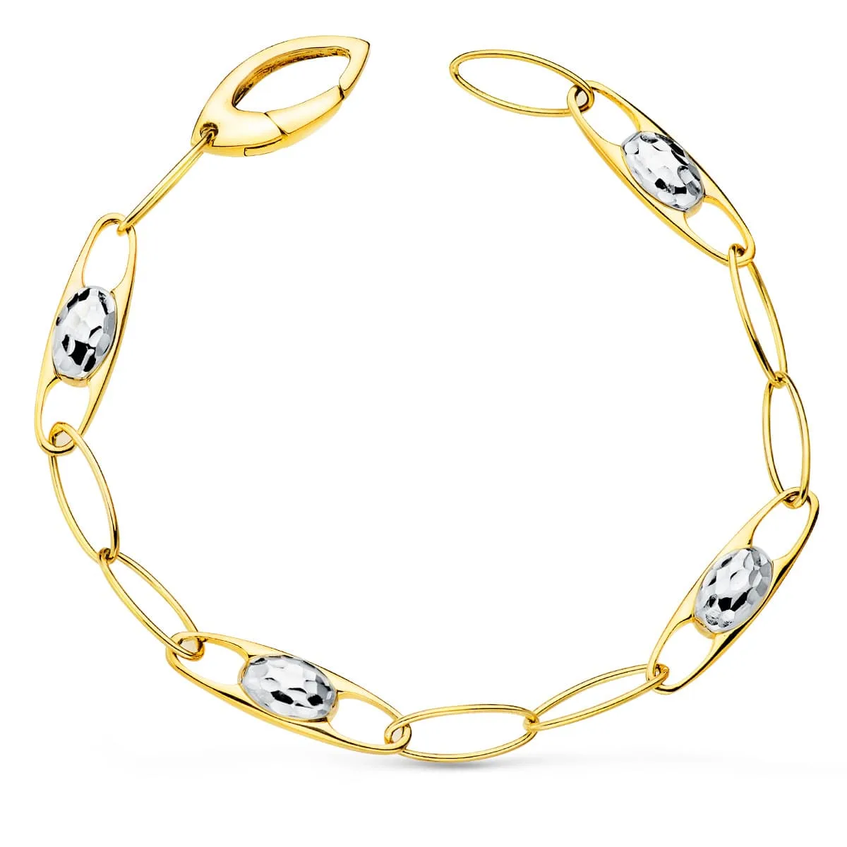 18K PULSERA ORO BICOLOR ESLABONES MOTIVOS TALLADOS. ANCHO 6 MM LARGO 19CM