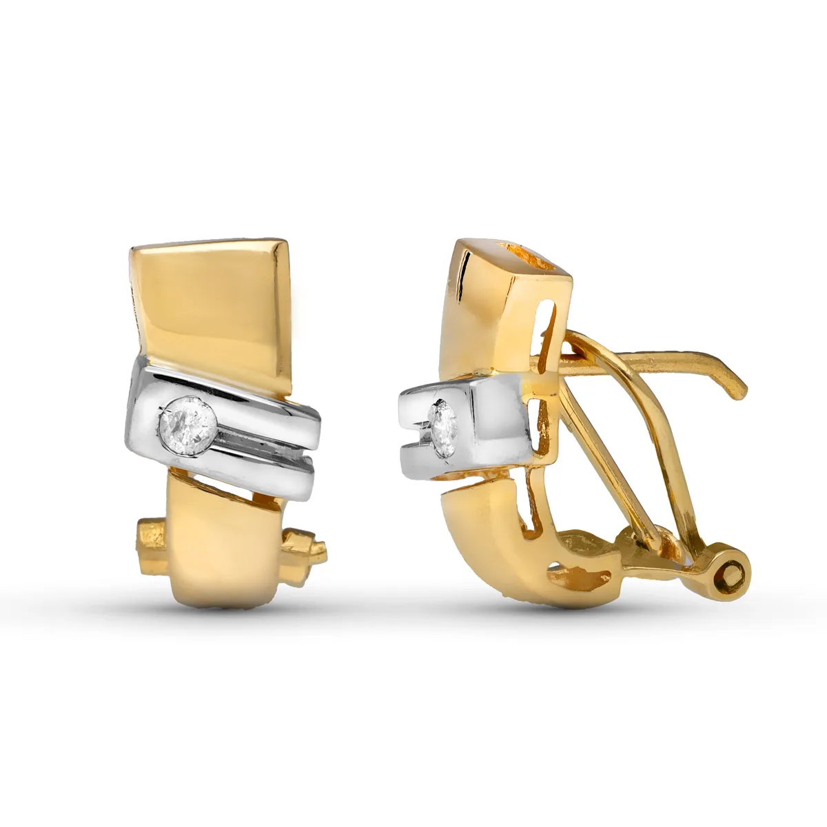18K PENDIENTES ORO AMARILLO DIAMANTES NATURALES  TALLA BRILLANTE 0.08 QTS. 14X7 MM CIERRE OMEGA