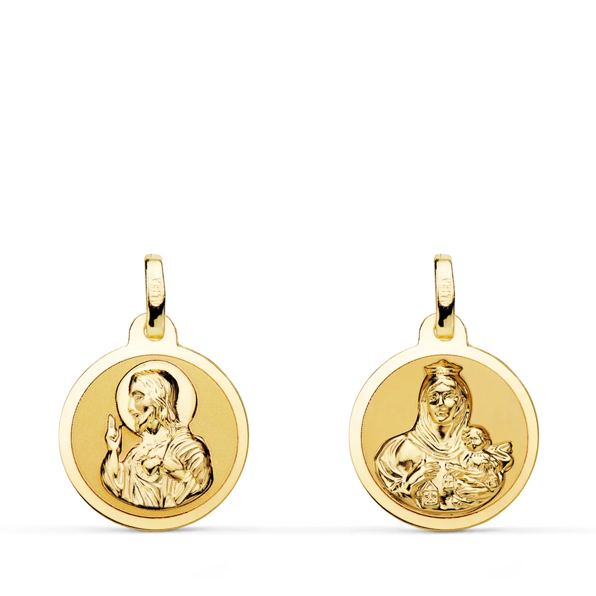 18K ESCAPULARIO ORO AMARILLO ORO AMARILLO BRILLO VIRGEN DEL CARMEN Y CORAZON DE JESUS 14 MM