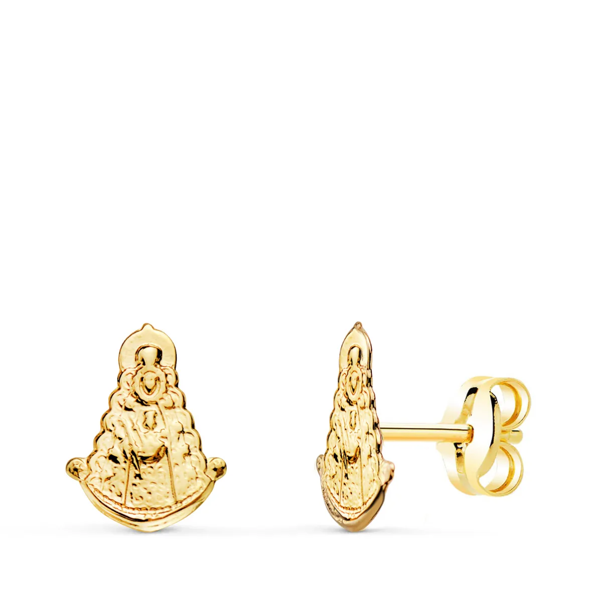 18K PENDIENTES ORO AMARILLO VIRGEN DEL ROCIO BRILLO 9 X 7 MM. CIERRE PRESION