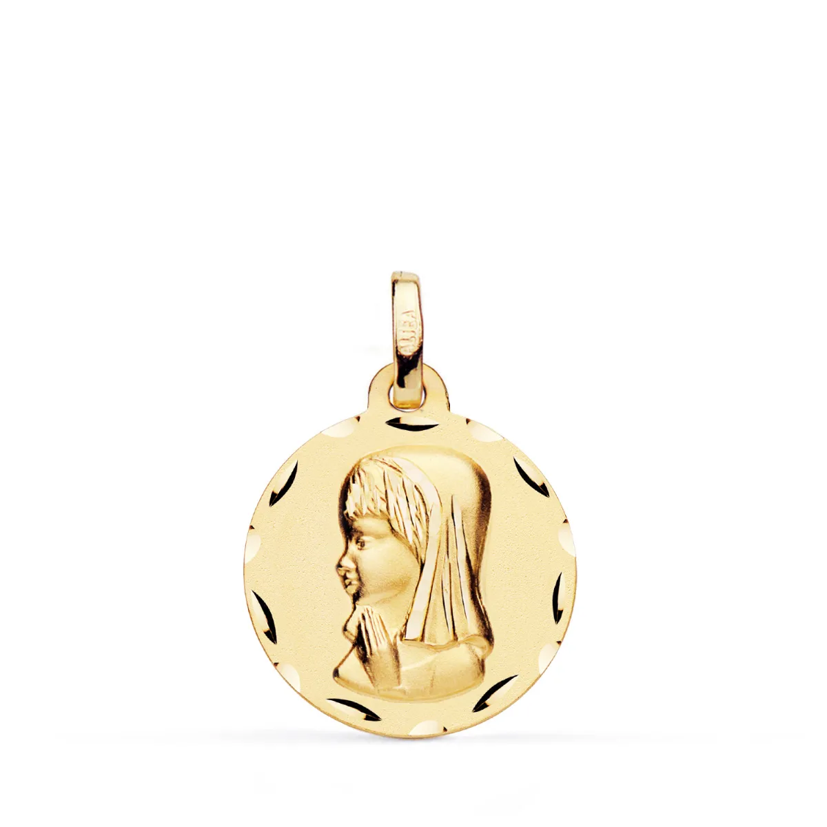 9K MEDALLA ORO AMARILLO VIRGEN NIÑA PERFIL TALLADA. MEDIDA: 18 MM
