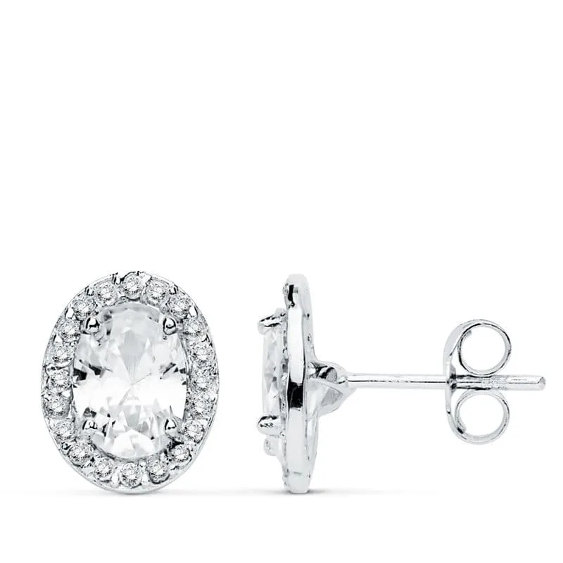 18K PENDIENTES ORO BLANCO OVAL CIRCONITA 10X8 MM CIERRE PRESION