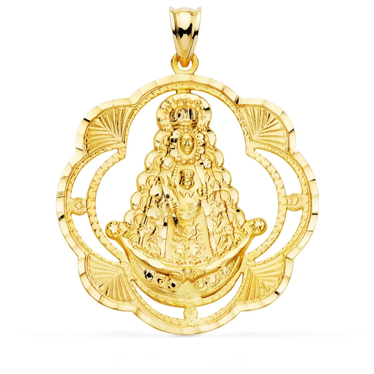 18K MEDALLA ORO AMARILLO VIRGEN DEL ROCIO PANDERETA 38X34 MM